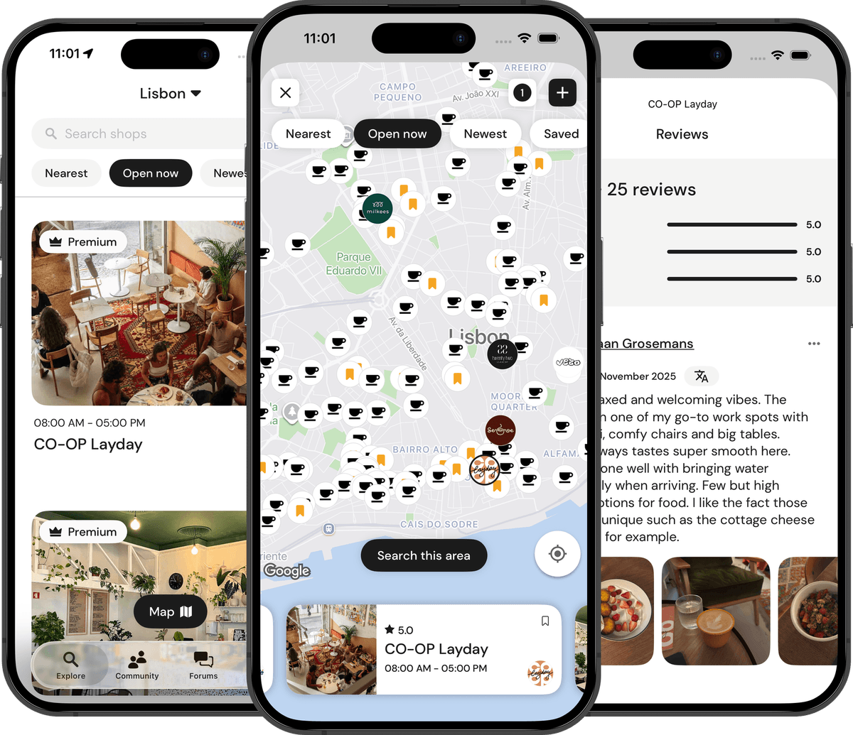 Roasters app shown on three iPhones — shop list, map view, and reviews